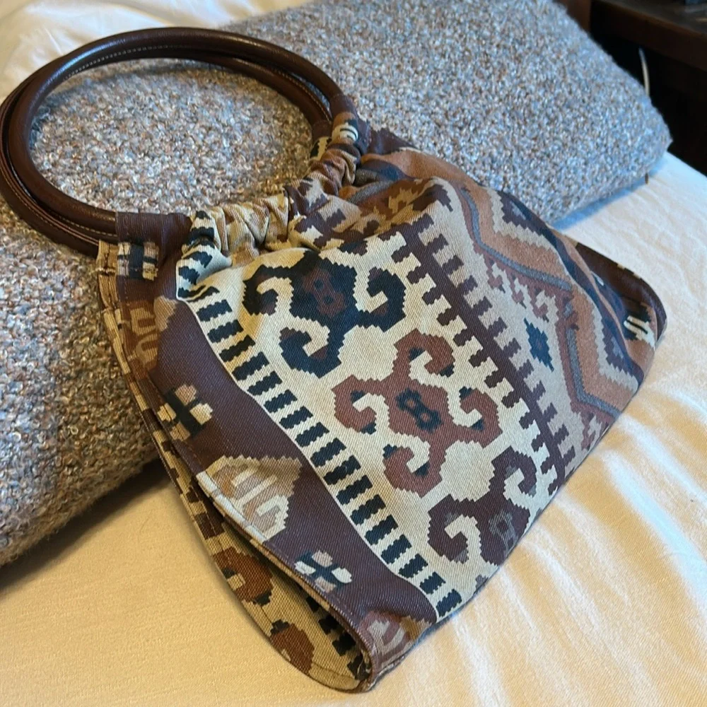 Vintage Southwestern Tribal Print Canvas Circle Handle Purse - Picture 7 of 11